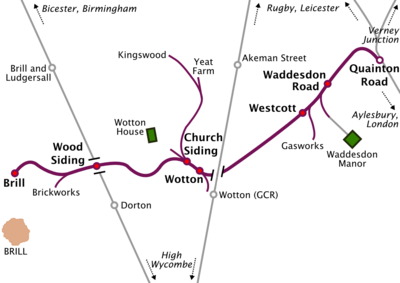 Map of a railway line running roughly southwest to northeast. Long sidings run off the railway line at various places. Two other north-south railway lines cross the line, but do not connect with it. At the northeastern terminus of the line, marked "Quainton Road", the line meets three other lines running to Rugby & Leicester, Verney Junction, and Aylesbury & London respectively. The southwestern terminus, marked "Brill", is some distance north of the town of Brill, which is the only town on the map. A station on one of the other lines, marked "Brill and Ludgersall", is even further from the town of Brill.