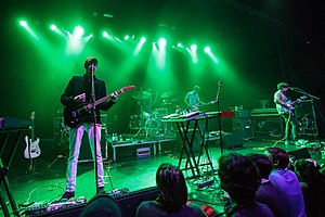 Deerhunter performing in 2015. Left to right: Bradford Cox, Moses Archuleta, Josh McKay, Lockett Pundt.