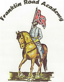 Drawing of a confederate soldier on a horse holding the confederate flag. Illustration is captioned "Franklin Road Academy"