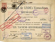 Aktie der Gesellschaft für Linde’s Eismaschinen über 1.000 Mark, ausgegeben am 1. Januar 1880, im Original unterschrieben von Carl Sedlmayr für den Verwaltungsrat und von Carl Linde für den Vorstand