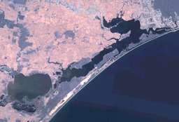 Landsat 7 imagery of the Gippsland Lakes. Lakes Entrance is visible in the top right of the image.