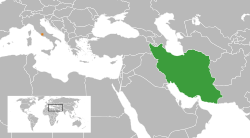 Map indicating locations of Iran and Vatican City