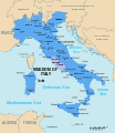 Kingdom of Italy in 1870, showing the Papal States, before the Capture of Rome.