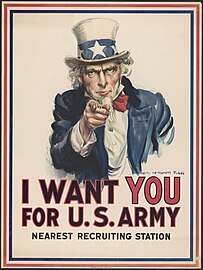 United States, 1917. J. M. Flagg's Uncle Sam recruited soldiers for World War I and thereafter. "I Want YOU for U.S. Army"[54]