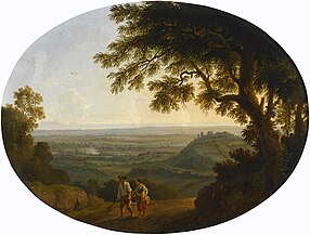 A view across the Alban Hills a hilltop on the right and the sea in the far distance