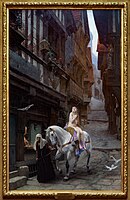 Oil painting of a naked woman on a horse being lead by a woman in servant's clothing along a street lined with tall, Tudor style buildings. The street is otherwise deserted, except for three doves which fly near the women.