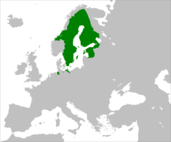 The Kingdom of Sweden during the Empire era at its height in 1658, with overseas possessions not shown