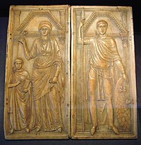 An unpainted carved ivory diptych which is believed to show Eucherius (left bottom) with his father Stilicho (right) and mother Serena (middle).