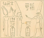 Drawing of a petroglyph in Konosso with the goddess Satis, the ithyphallic god Min, Montu and the cartouche of King Neferhotep I (c. 1747–1736 BC).