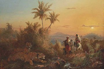 Javanese Landscape, with Tigers Listening to the Sound of a Travelling Group (1849)