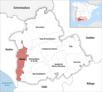 Die Lage der Comarca Aljarafe in der Provinz Sevilla