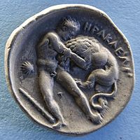 Heracles fighting the Nemean lion. Silver coin from Heraclea Lucania