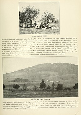 A photograph showing Cedar Mountain in the distance. This photograph was taken from near the location of Pope's headquarters, located in the center-left of the union line. In the late stages of the battle, Ewell's division formed on the slopes of the mountain and attacked towards the location of the camera, in the unionist center, and routed the union army.