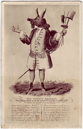 Old-fashioned allegorical print of a man in a long buttoned coat and hose, wearing a sword and holding tools in his hand, with a pig's head and donkey's ears
