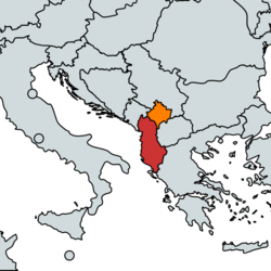 Location of Albania (red) and Kosovo (orange) in Southeastern Europe