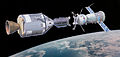 Image 39An artist impression of an American Apollo spacecraft and Soviet Soyuz spacecraft docking, a propaganda portrait for the Apollo–Soyuz Test Project mission (from 1970s)