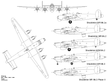 Orthographic projection of the Avro Shackleton MR Mk 1A, with profile views of all the other major variants