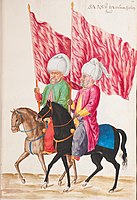 Plain red banners for the Sultan's retinue. From the Turkish Costume Book by Lambert de Vos, 1574.