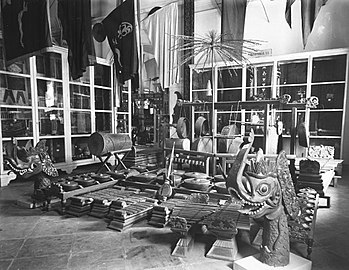 A gamelan set in an exhibition at the museum of the Royal Batavian Society of Arts and Sciences (Now, National Museum of Indonesia), Batavia, circa 1896.