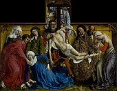 The Descent from the Cross; by Rogier van der Weyden; circa 1442; oil on oak panel; 220 × 262 cm; Museo del Prado (Madrid, Spain)