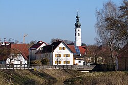 River Abens and the Church of the Immaculate Conception in Elsendorf