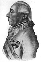 Black and white print shows a man with a 18th century style wig. He wears a light-colored military uniform with a large Order of Maria Teresa cross.