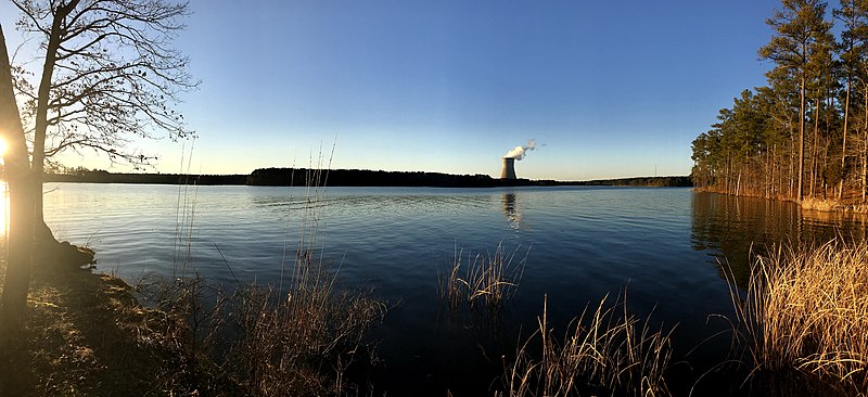 A view of Harris Lake from the Harris Lake County Park in Wake County, North Carolina, with the Shearon Harris Nuclear Power Plant in view (2021)