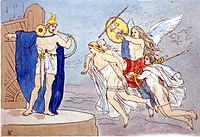 A depiction of valkyries encountering the god Heimdallr as they carry a dead man to Valhalla (1906) by Lorenz Frølich