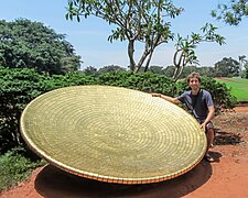 An Auroville volunteer posing next to one of the golden discs used in Matrimandir's dome.