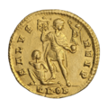 Rückseite eines Solidus des Gratian, in der Hand des Kaisers die Weltkugel mit Victoria