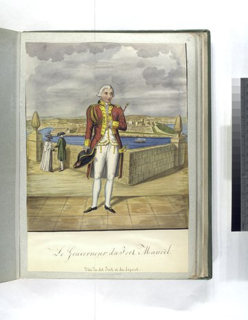 18th century painting of the Hospitaller Governor of Fort Manoel, with the fort itself in the background