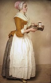 The Chocolate Girl, 1743–45, wears a fitted jacket, petticoat, and apron.