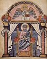 Matthew; Anglo-Saxon 8th century, combining many classical details, such as the curtains, with interlace decoration on the chair. Stockholm Codex Aureus