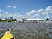 The Oklahoma River from a kayak in the center of the recreational rowing area, Chesapeake Boathouse and downtown Oklahoma City