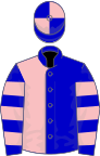 Blue and pink (halved), hooped sleeves, quartered cap