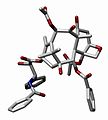 A representative three-dimensional shape adopted by paclitaxel, as a result of its unique cyclic structure.[11]