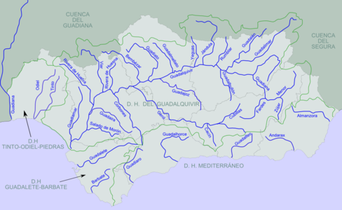 Rivers of Andalusia. The Andarax is second from the right of the rivers reaching the Mediterranean.