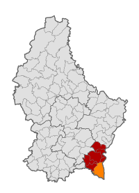 Map of Luxembourg with Schengen highlighted in orange, and the canton in dark red