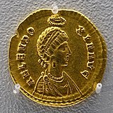 Solidus of Arcadius' wife Aelia Eudoxia crowned by the Manus Dei (hand of God)[f]