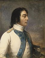 Painting of a man with large eyes and long dark hair looking to the right. He wears a white military uniform with violet lapels.