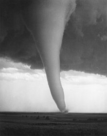Black and white photograph of a tornado in a field