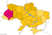 Die graphische Landkarte zeigt drei Regionen auf der linken Seite des Landes katholisch, der Rest ist in Gelbtönen markiert, je nachdem wie groß die orthodoxen Gemeinden sind.