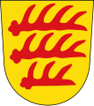Das Wappen der Grafen von Veringen, das seit 1216 nachweisbar ist, zeigt in der ersten farbigen Darstellung 1330 rote Hirschstangen.[1]