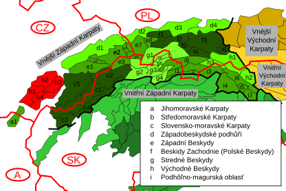 Moravian Carpathians (marked in red) within the Outer Western Carpathian