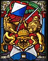 Standesscheibe Zürichs als Reichsstadt, 1557: Banner und Wappen mit Löwen als Schildhalter