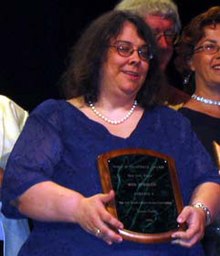 Spencer accepting the John W. Campbell Award for Best New Writer at Worldcon 2003 in Toronto