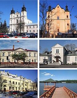 From top, left to right: Collegiate church of Transfiguration, Exaltation of the Holy Cross church, town hall, 18th-century building of boarding school, currently Regional Museum, railroad station, Zimna Woda Reservoir