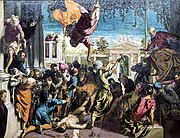 Miracle of the Slave by Tintoretto (c. 1548). The son of a master dyer, Tintoretto used Carmine Red Lake pigment, derived from the cochineal insect, to achieve dramatic color effects.