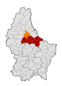 Map of Luxembourg with Bourscheid highlighted in orange, the rest of the Diekirch canton in red