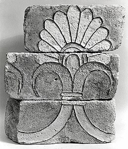 Black-and-white photo with Achaemenid glazed ceramic bricks with a palmette, c. 6th–4th century BC, glazed ceramic, Metropolitan Museum of Art, New York City